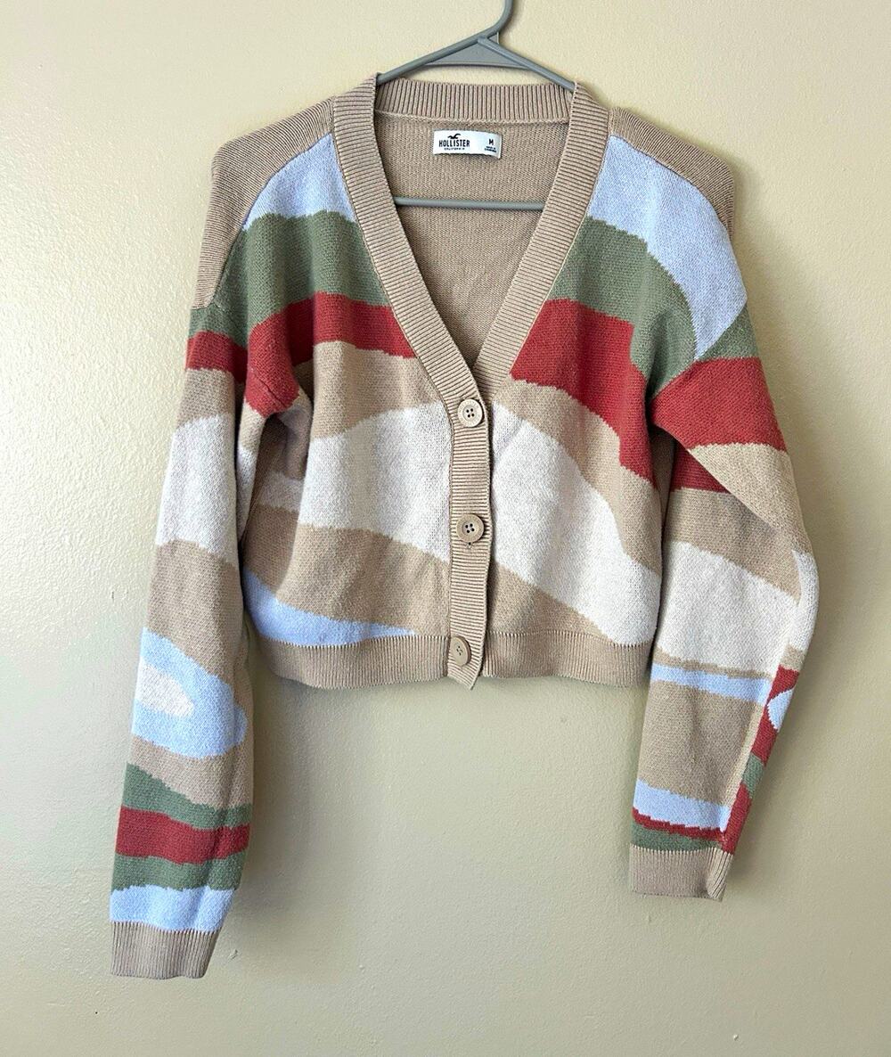 Hollister Womens Size M Button Front Knit Cardigan Sweater Striped Cropped Multi